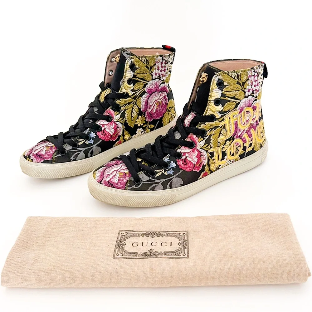 Gucci Sylvie Blind For Love High Top Lace Up Sneakers Floral Print Jacquard 38